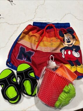 Disney Mickey Mouse Swim Trunks Water Shoes Set Blue Toddler Boys 2T Beach